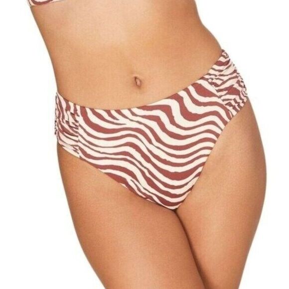 Andie Swim Hipster Bikini Bottom Bias Stripe Truffle Brown Red Cream Size Large - Picture 1 of 8
